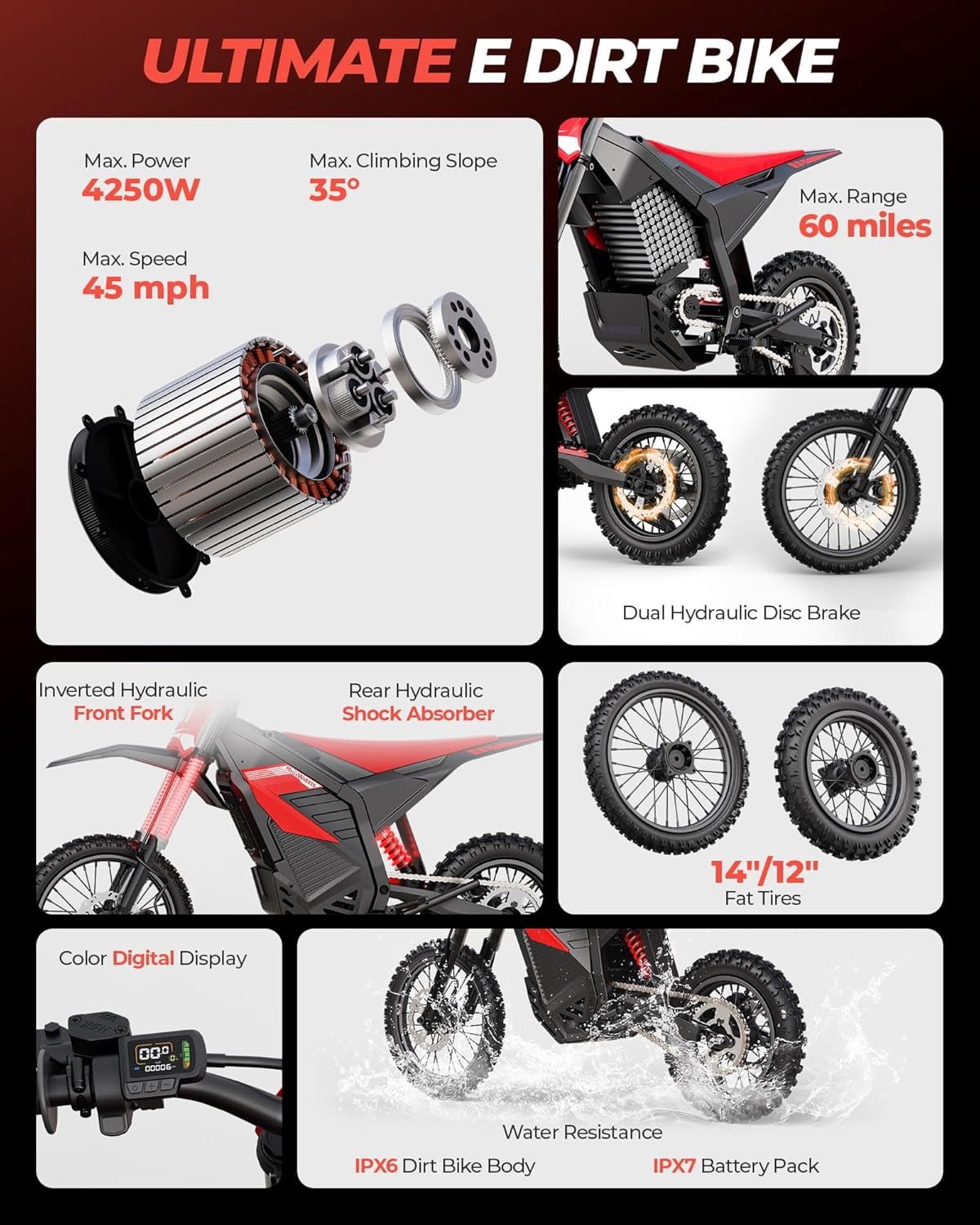 Electric Dirt Bike for Teens Adults, 3550W  Ebike, 38MPH & 45Miles Miles Electric Mountain Bikes, 48V/26AH Battery Ebike, 14"/12" off-Road Tire, Full Suspension Mountain Off-Road E Dirt Bike
