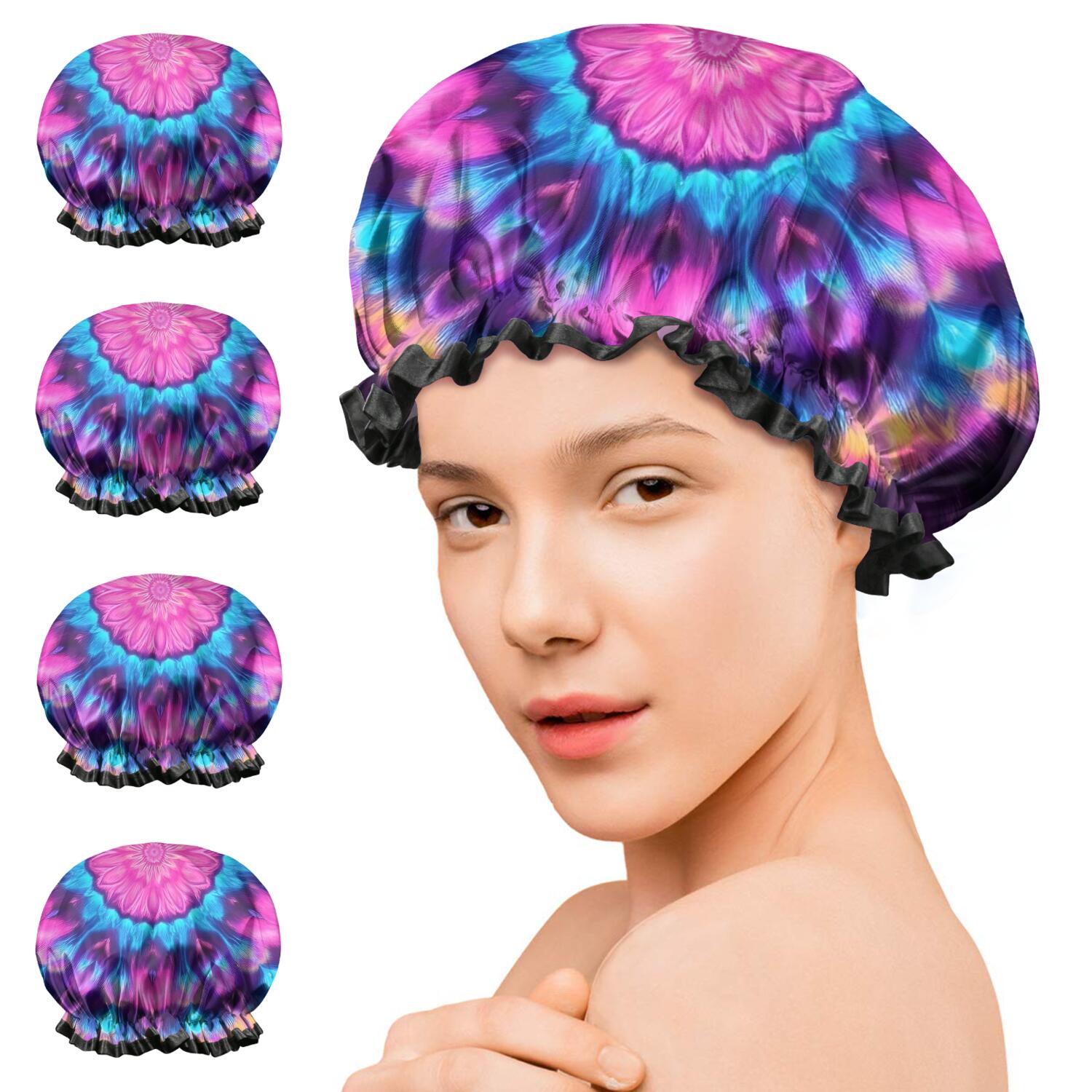 Shower Caps,Colorful Tie Dye Mandala Pattern Waterproof Shower Cap for Women 4 Pieces,Double Reusable Hair Cover for Shower PEVA Elastic Stretch Hem