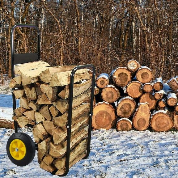 YINGYING Firewood Log Cart Carrier, Outdoor Steel Wood Rack Storage Mover, Rolling Wheeled Metal Dolly Hauler