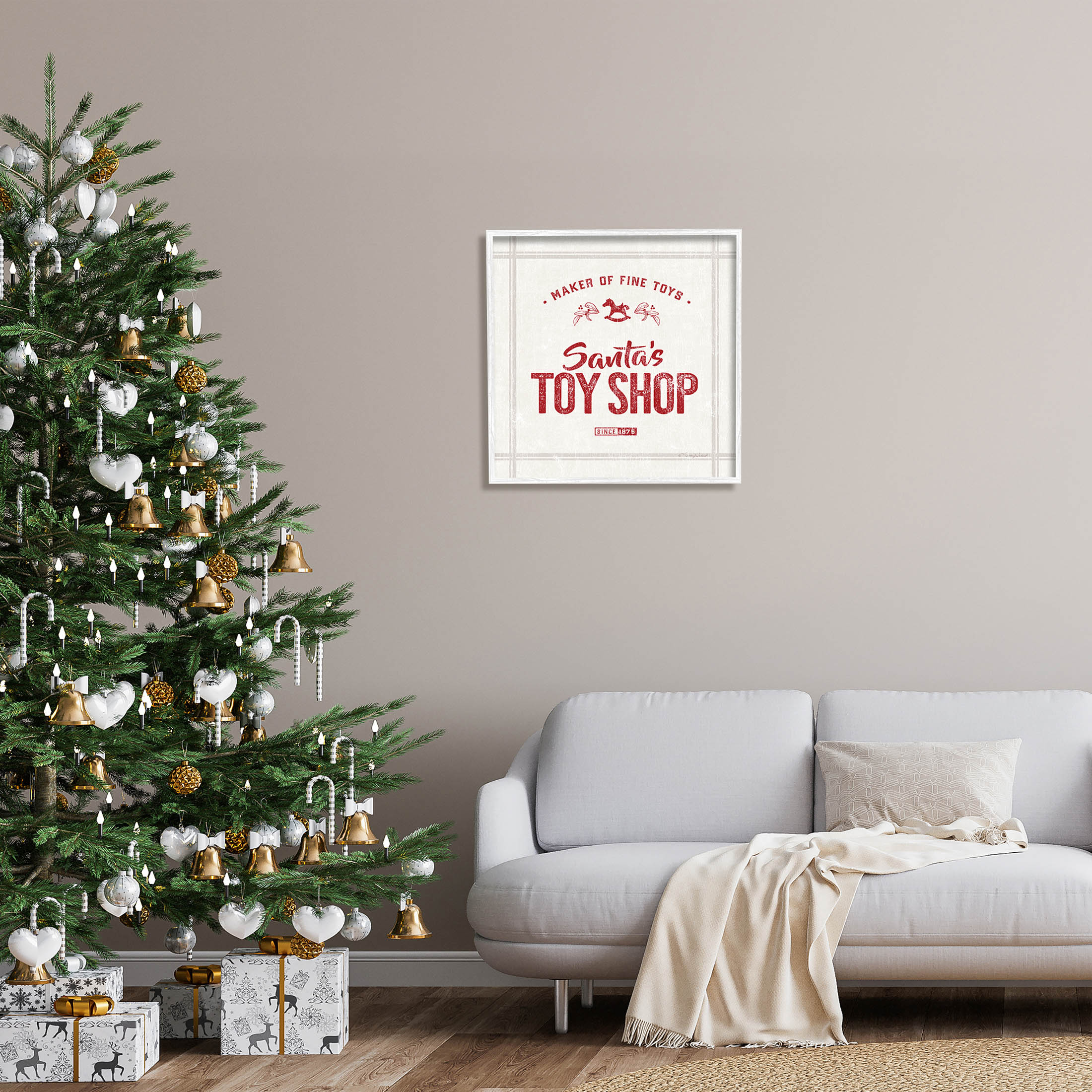 Santa's Toy Shop Vintage Sign Holiday Graphic Art White Framed Art Print Wall Art