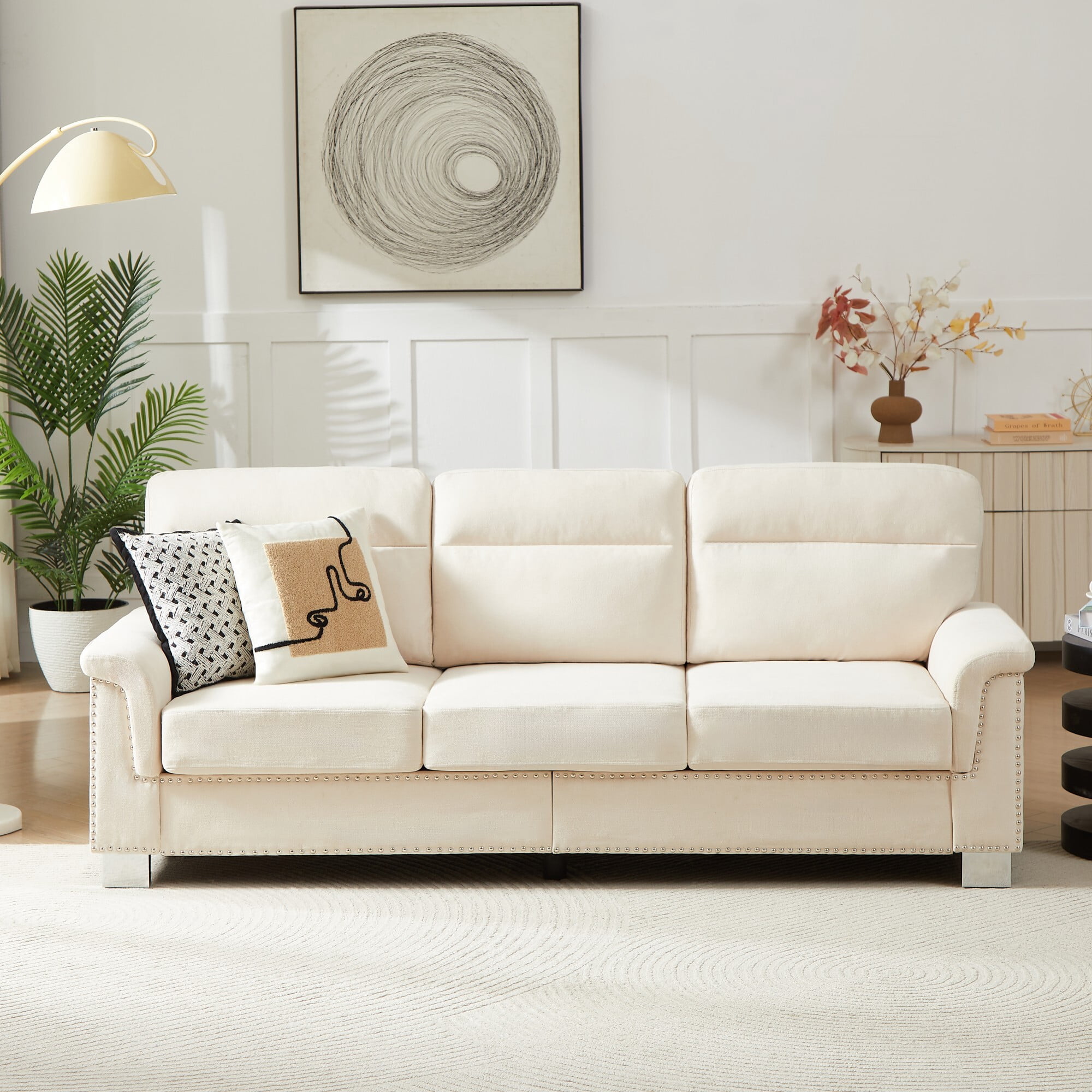 DEALTOPS 82" Modern Ice & Snow Velvet 3-Seater Sofa — Living Room Couch with Rolled Arms & Nailheads, Beige