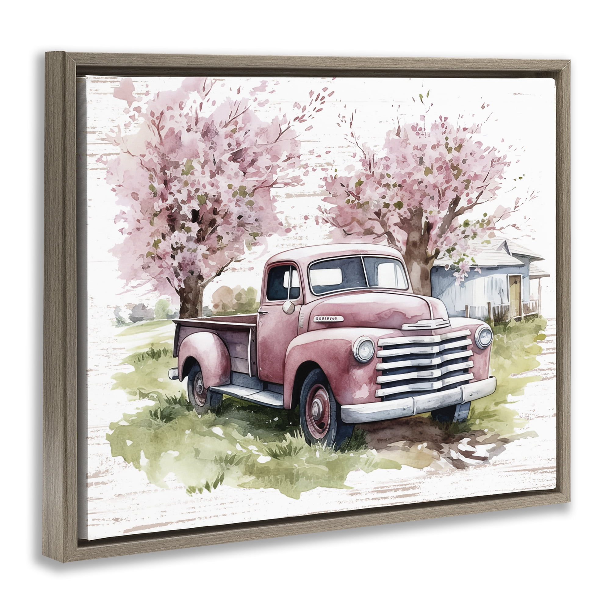 Stupell Industries Cherry Blossoms & Pickup Transportation Painting Brown Floater Framed Canvas Art Print Wall Art, 21 x 17