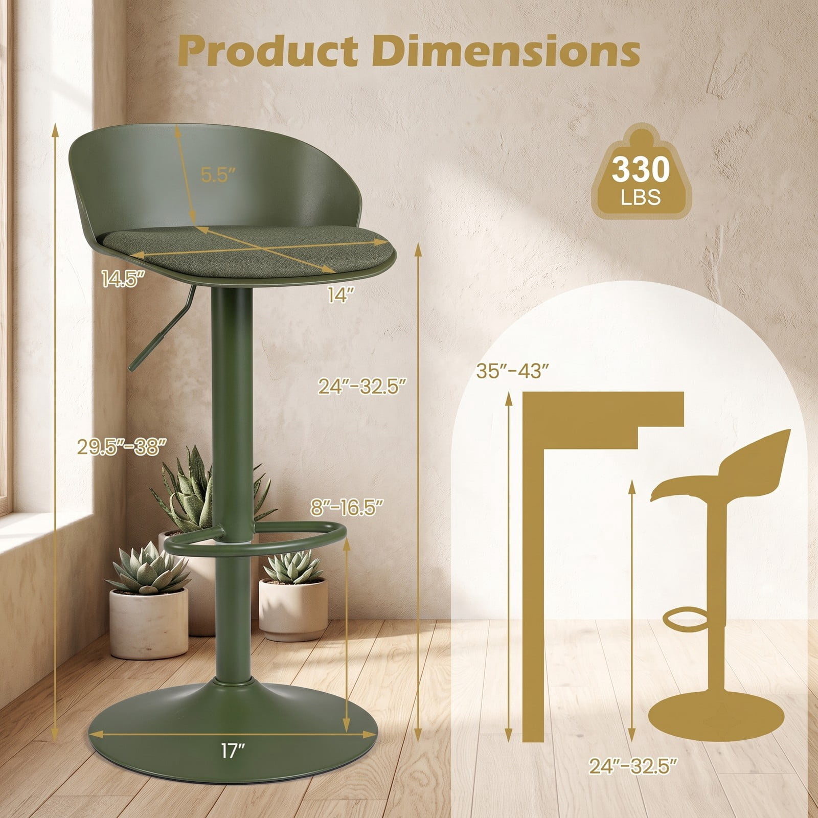 Furnibear Set of 2 Adjustable Swivel Bar Stools with Back and Footrest, 360 Degree Rotating Counter Height Barstools for Kitchen Island Dining Pub, 330, Olive Green