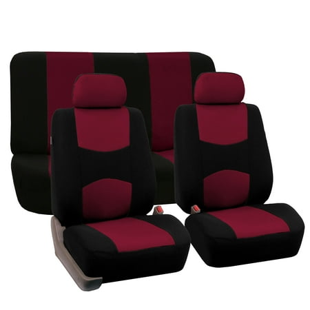 FH Group Universal Flat Cloth Fabric 2 Headrests Full Set Car Seat Cover, Burgundy and Black