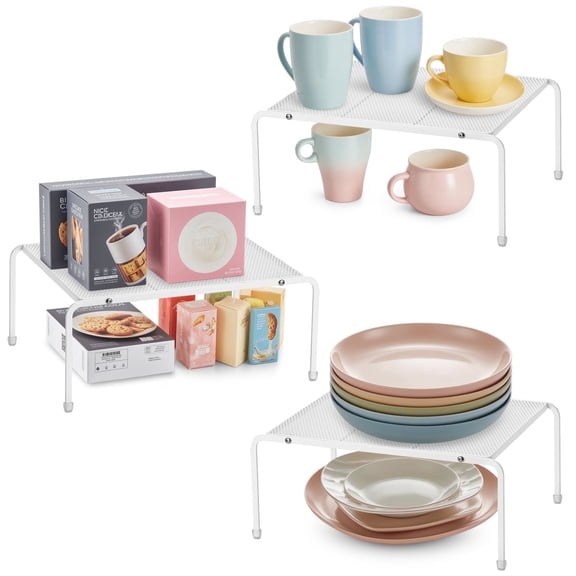 Lonian 3-Pack Cabinet Organizers Shelf, Space Saving Storage Rack for Kitchen Counter, Pantry, Cupboard, Metal, White