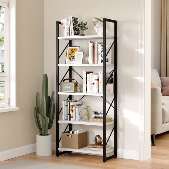 VibrantEcho 5 Shelf Industrial Bookcase, White & Black Wood Bookshelf Storage Display Rack