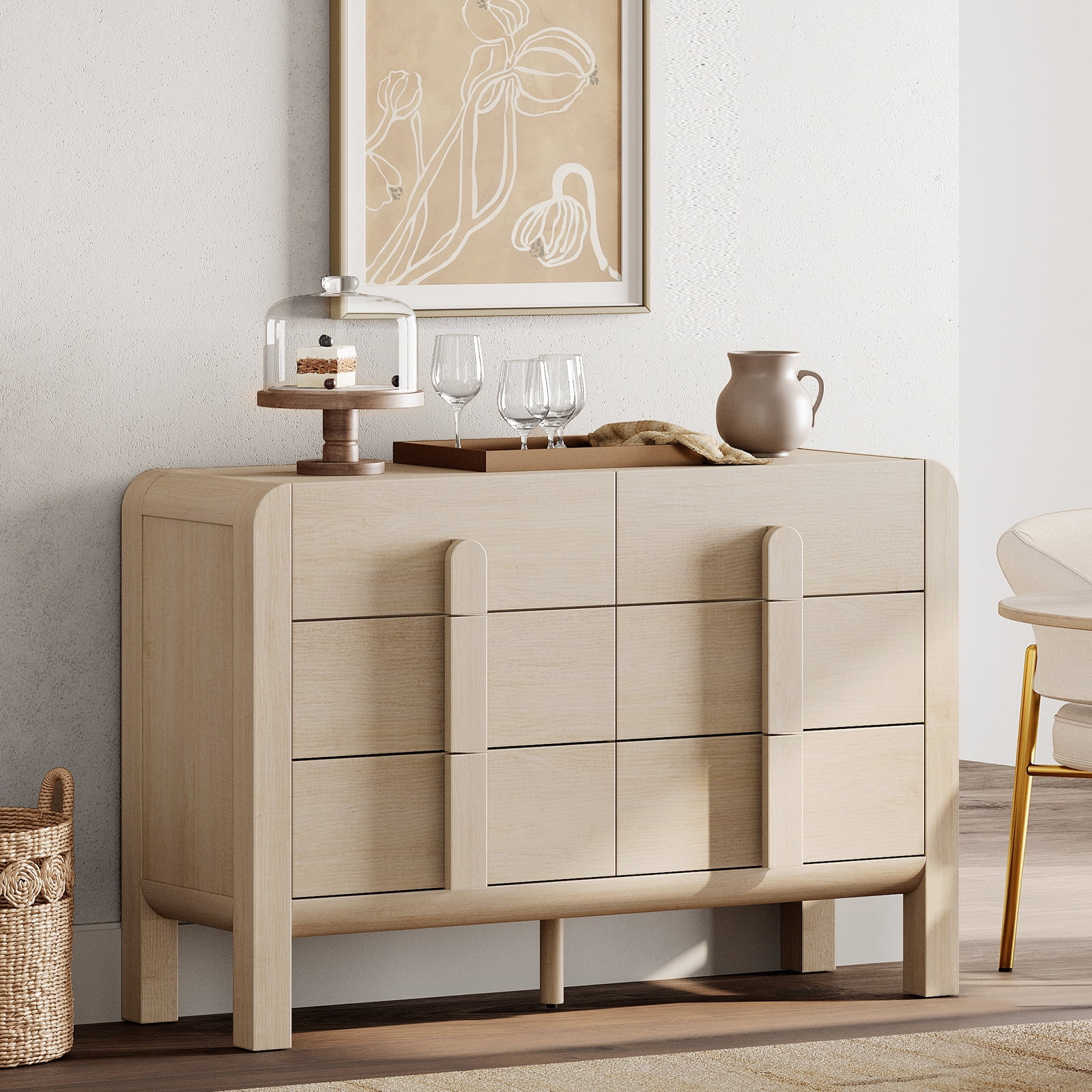 Mid Century 6 Drawer Dresser for Bedroom, Wide Modern Chest of Drawers with Curved Profile Design, Wood Closet Clothes Storage Organizer for Bedroom, Living Room