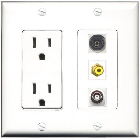RiteAV - 15 Amp Power Outlet 1 Port RCA Yellow 1 Port Toslink 1 Port BNC Decorative Wall Plate