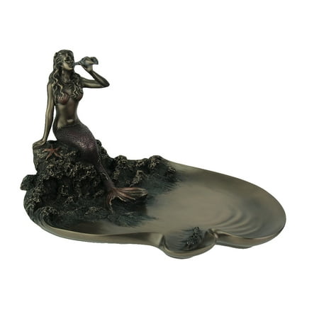 Plated Bronze Finish - Beautiful Bronze Finish Mermaid Blowing Conch Shell Decorative Plate