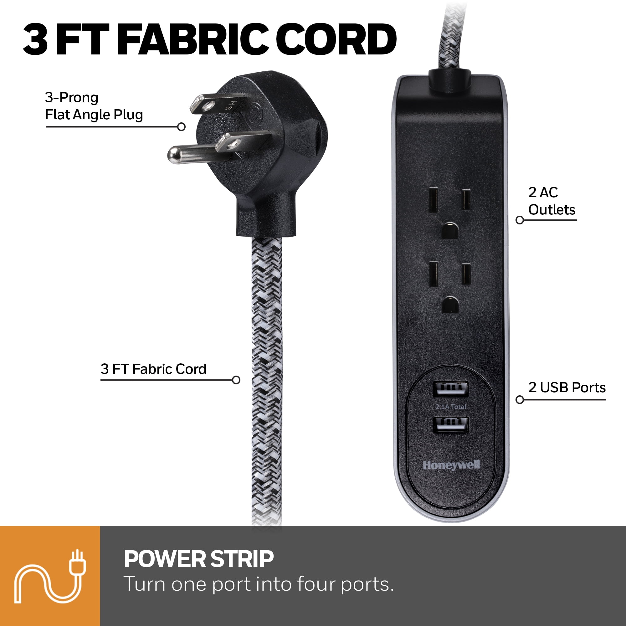 Honeywell 3 ft. Fabric Power Strip with 2 AC & 2 USB Ports (2.1A), 45° Angled Flat Plug (Black/Gray)