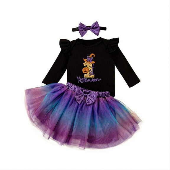 Coerni Baby Girls My First Halloween Ruffle Clothes 3pcs Set Letter Print Long Sleeve Romper Top   Tutu Skirt   Headband