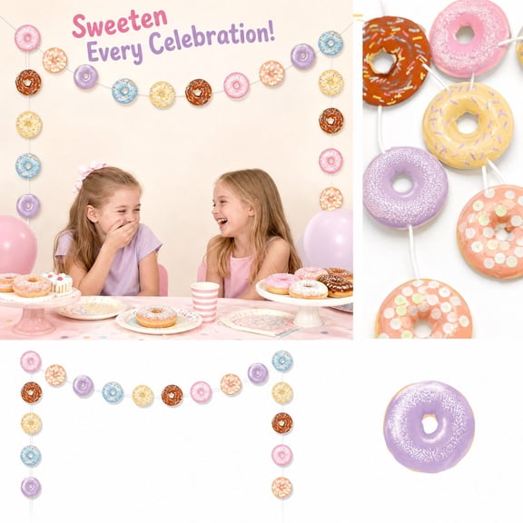 Donut Party Decorations with 79 Inch Pre-Strung Bunting, Sweet Pastel Multicolor Swag for Bakery Dessert Themes, Christmas Easter Halloween Valentine's Day Candy Decor, 1