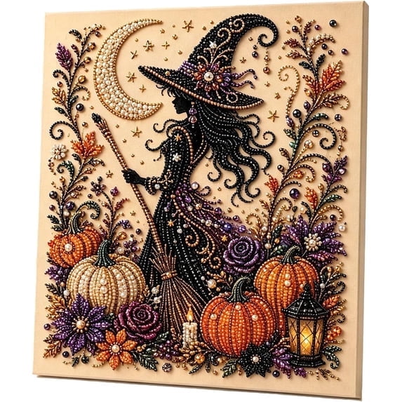 Halloween Ghost Pearl Art DIY Kit, 8 x 8 Inch Framed Canvas 3D Diamond-Painting Craft Set with Beads, Pumpkin Ghost Witch Black Cat Crow Home Decor Gift for Adults Beginners