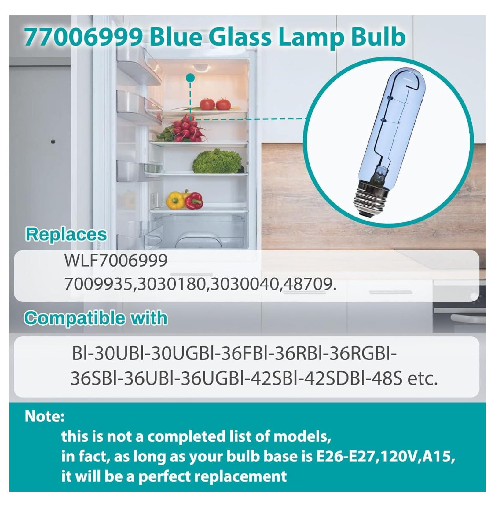 supeiqality 2024 Upgrade 7006999 Blue Glass Lamp Bulb Replacement for E26 40W Freezer Refrigerator Light Bulb Compatible Sub-Zero Refrigerator - 2