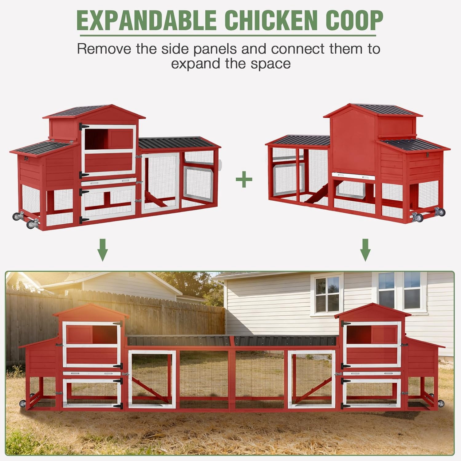 Aivituvin 83" Large Chicken Coop for 4-6 Chickens, Mobile Hen House Outdoor Wooden Poultry Cage with Wheels Nesting Box Run, Red