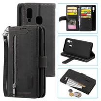 Dteck Wallet Case For Samsung Galaxy A20E, Matte PU Leather Case Built-in 9 Card Slots Zipper Purse Flip Cover With Hand Strap, Black