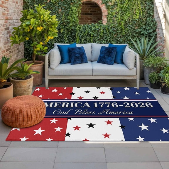 4th of July Outdoor Rug 3x5 ft America 250 Years Outdoor Large Area Rug Non Slip Patriotic Star Stripes Red White Blue Front Door Mat RV Rug Carpet Patio Outdoor Rugs for Backyard Balcony Deck Porch