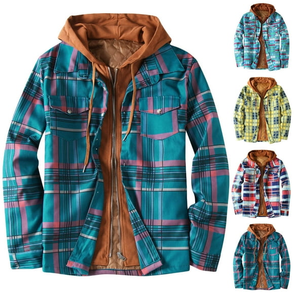 UVEASISHA Big and Tall Plaid Hoodie Jacket for Men Quilted Lined Drawstring Hooded Coat Long Sleeve Zip Up Sweatshirt Jackets Casual Outerwear with Pockets,Deals of The Day,Hot Pink,L