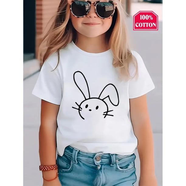 Breathable Fabric, Adorable Bunny Line Art Girls' T-Shirt - 100% Cotton, Black with White Rabbit Print, Casual Short Sleeve Tee for Youngsters & Teens - Perfect Gift for Spring/Summer