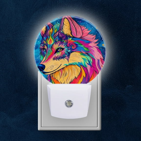 Night Light Plug into Wall,Dusk to Dawn Sensor Auto-On/Off for Bathroom, Hallway,Kids Room-Wolf With Vibrant Neon Colors