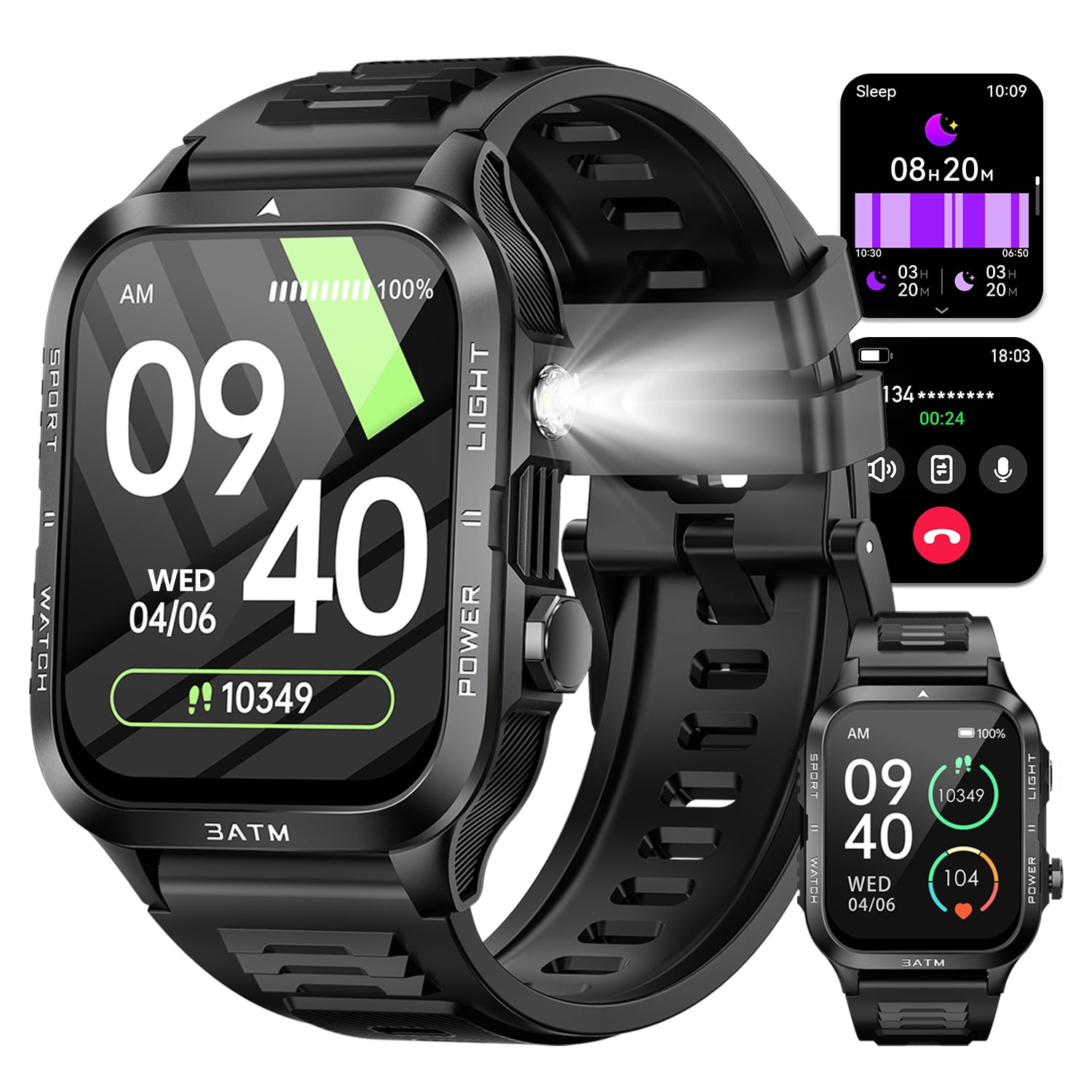 ST-CARE 1.96" HD Rugged Outdoor Smart Watch for Men, 3ATM Waterproof Fitness Tracker, Multiple Sports Modes, Compatible with Android 9.0 & iOS 12.0 and Above, Black