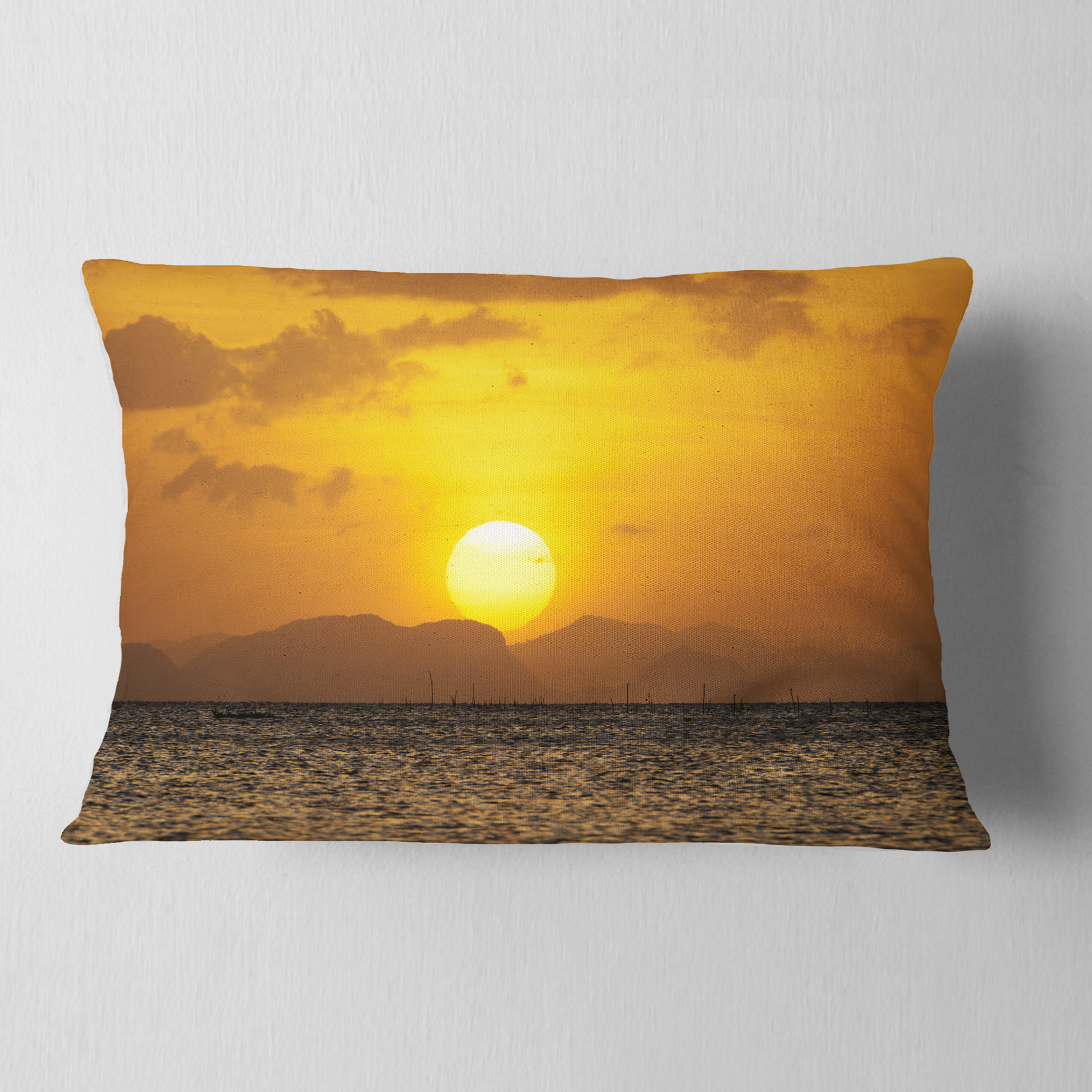 Designart Yellow Sunset and Brown Ocean - Seashore Throw Pillow - 12x20