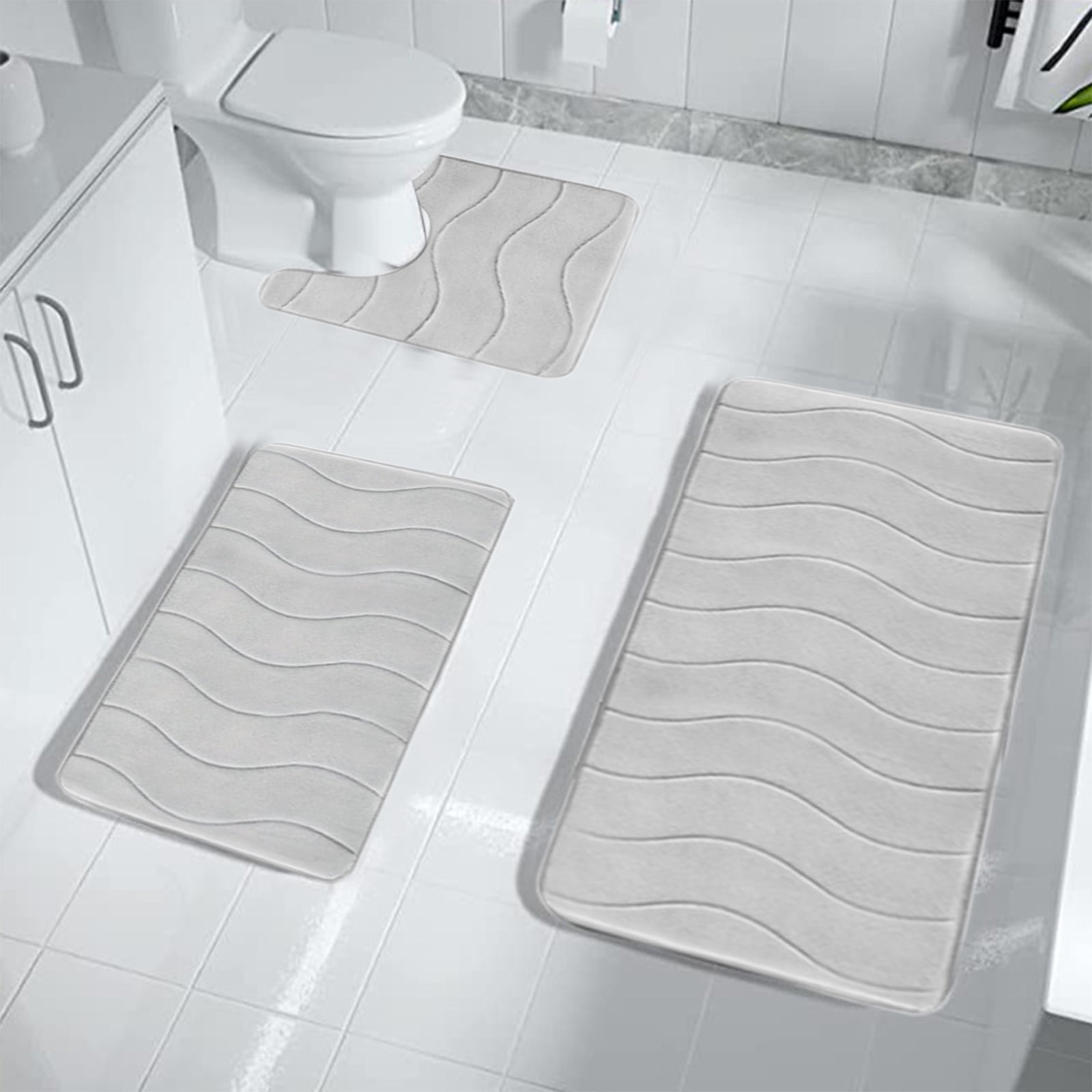 Beautynvta Memory Foam Bath Mat Set, 3 Pieces Quick-Dry Absorbent Bath Mats and U-Shaped Contour Rug for Bathroom, Non-Slip and Soft Comfortable, Gray