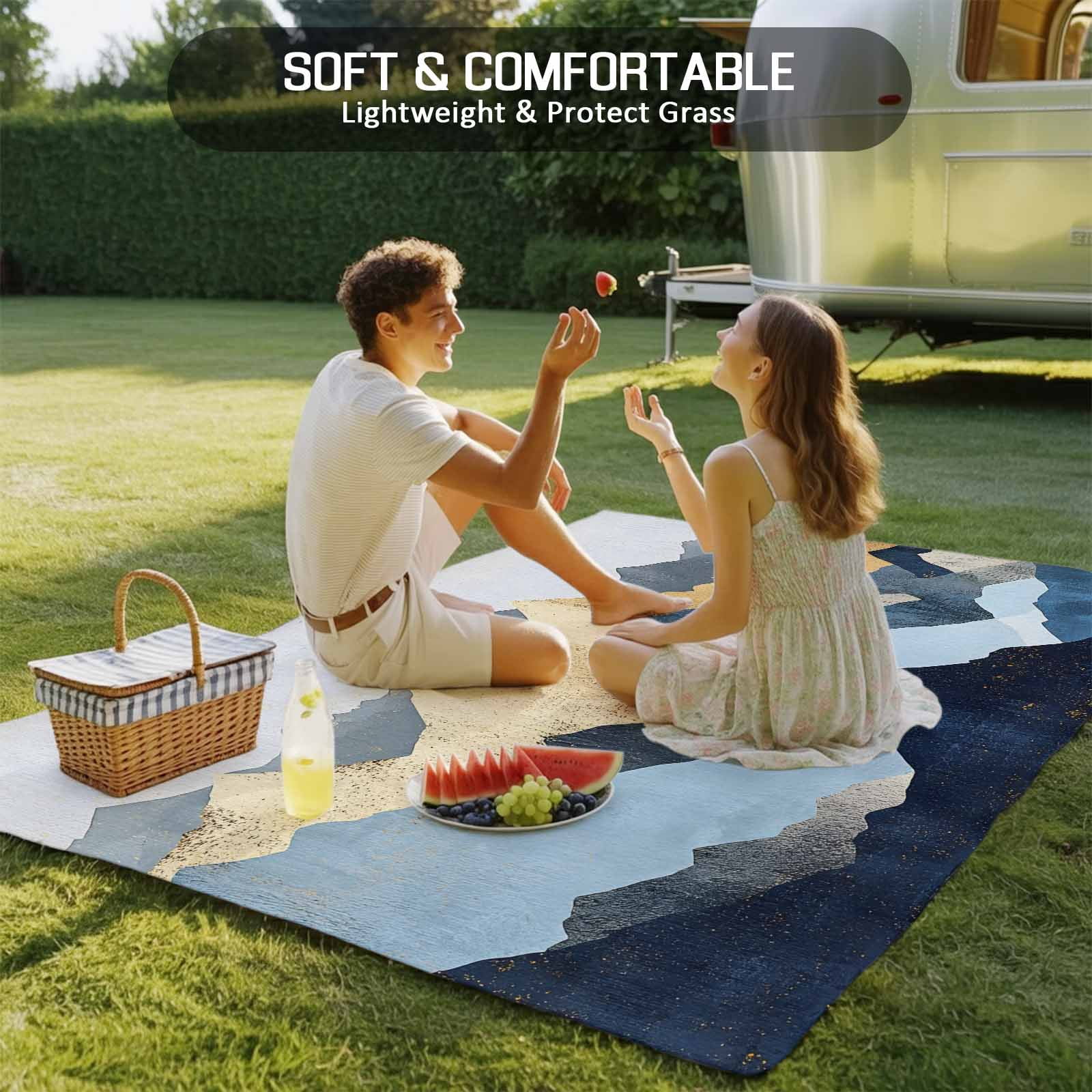 Outdoor Rug 5x8ft Abstract Ombre Blue Golden Mountain Large Area Rug Modern Art Indoor Outdoor Carpet Outdoor Rugs Mats for Patio Camping,RV,Front Door, Outside Decor