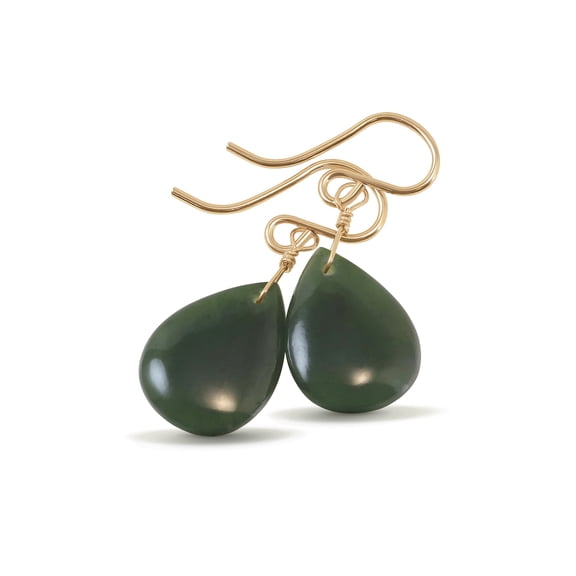 Spyglass Designs 14k Gold Filled Nephrite Jade Earrings Dark Green Smooth Simple Dangles Womens
