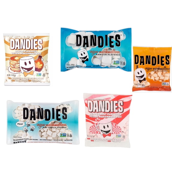 Dandies Vegan Marshmallows Variety Pack: Vanilla, Vanilla Mini, Pumpkin, Maple, Peppermint.
