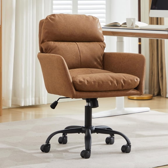 YWEN Adjustable Home Office Desk Chair with Comfy Square Mid-Back, Faux Leather 360 Swivel Upholstered Task Armchair with Wheels for Vanity Bedroom/Living Room,Study Brown