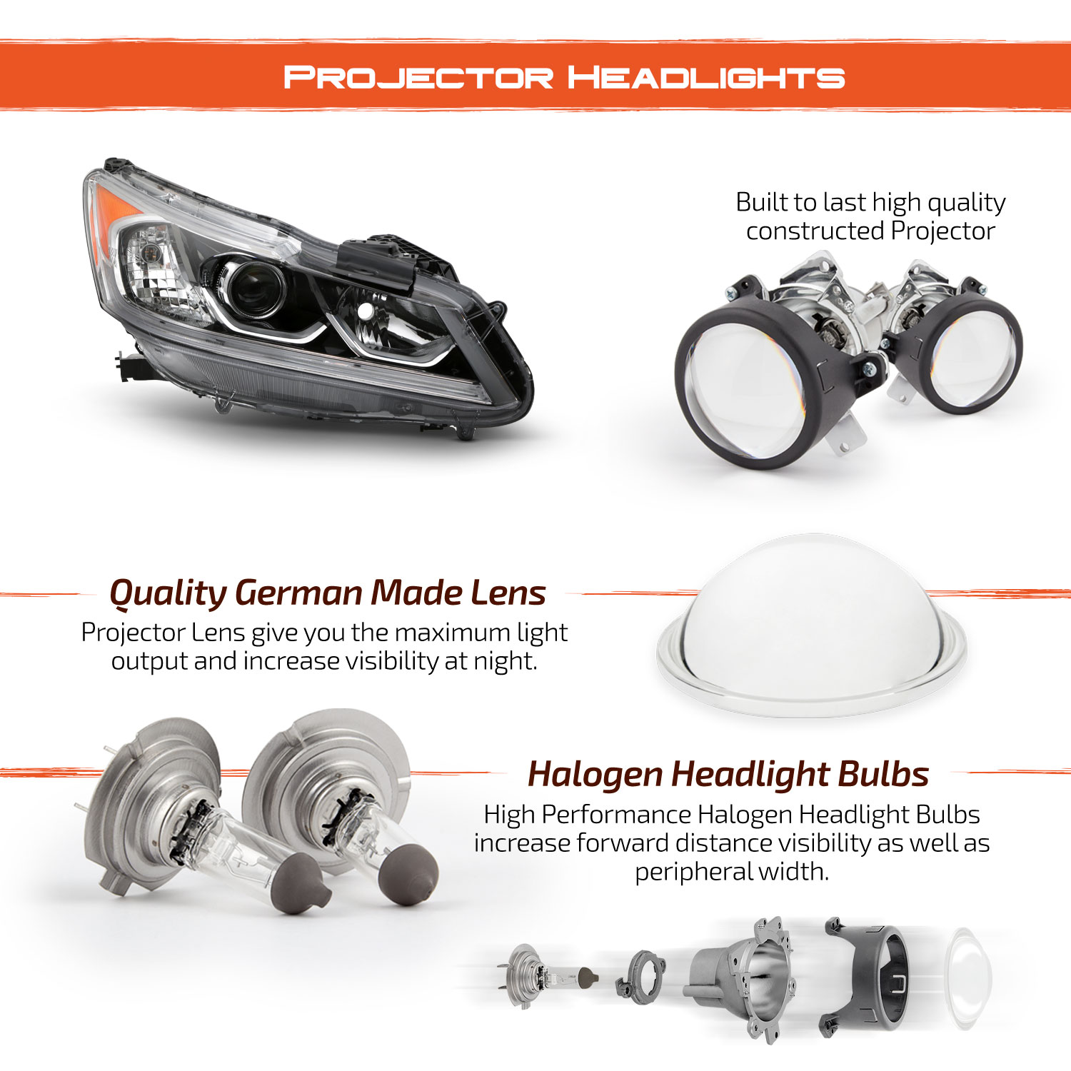 AKKON - Fits 2016-2017 Honda Accord EX EX-L SE Sport Halogen Type [LED DRL Models] Projector Chrome Headlights Pair Left+Right