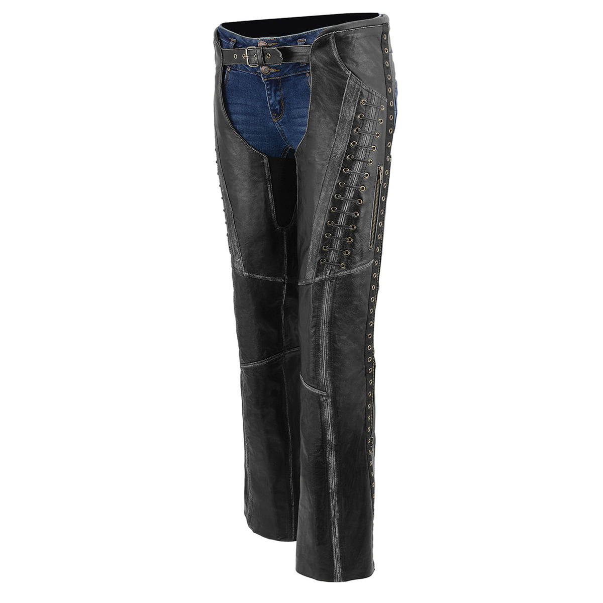 Shaf Leather Womens Chaps Womens Leather Thigh Pocket Chaps Reflective Piping Xs Style # ML1173 
