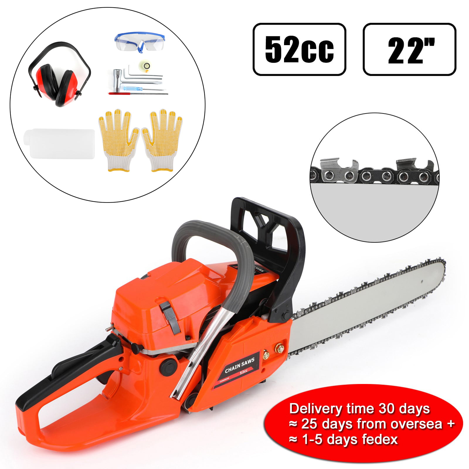 62cc Chainsaw 22 Inch Bar Powered Engine 2 Cycle Gasoline Chain Saw Red 