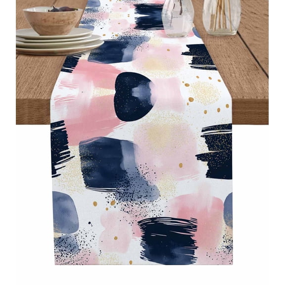 Navy Blue Pink Art Table Runner 36 Inches, Abstract Contemporary Luxury Bed Runner Dresser Scarves Tabletop for Indoor Outdoor Parties/Ceremony/Banquet, 13"x 36"