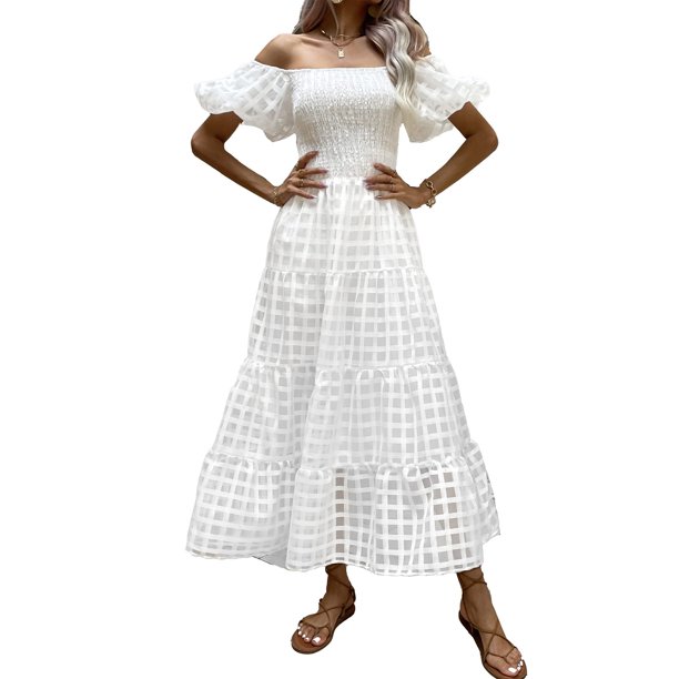 Vestido PRETTYGARDEN con mangas abullonadas, escote cuadrado y fruncido, talla M