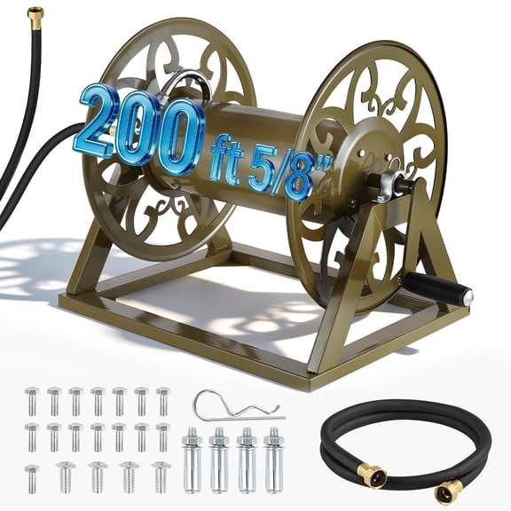 VEVOR Wall Mounted Garden Hose Reel, Holds 200 Feet of 5/8-inch Hose, Outdoor Heavy-Duty Waterhose Holder Winder, with Brass Connector, Decorative Pattern, Bronze Finish, for Backyards and Gardens