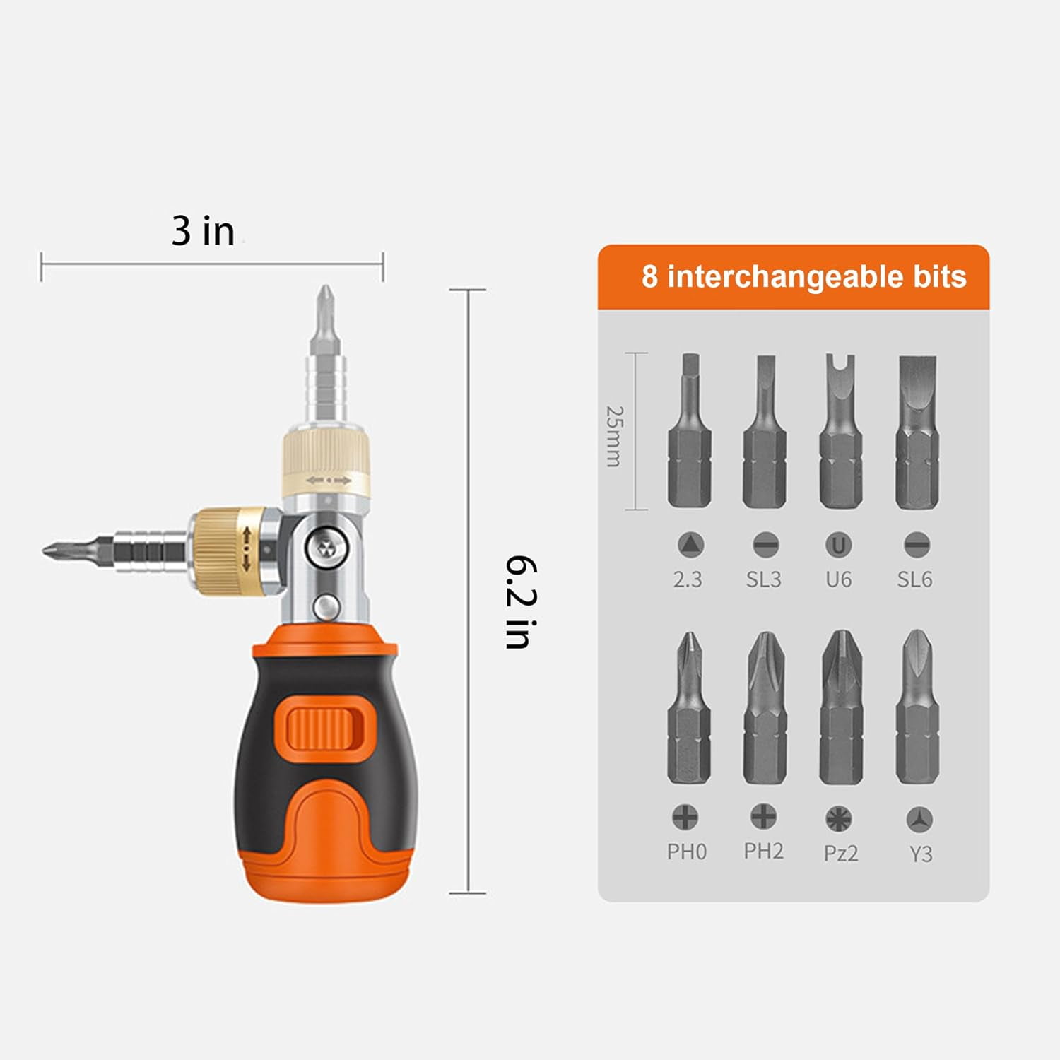 CATPAN 8-in-1 Magnetic Ratcheting Screwdriver Set with Phillips/Torx/Hex/Square Heads ,180° Pivoting Angle, Compact Electrician & DIY Hand Tool Kit Small Mini Set (Orange)