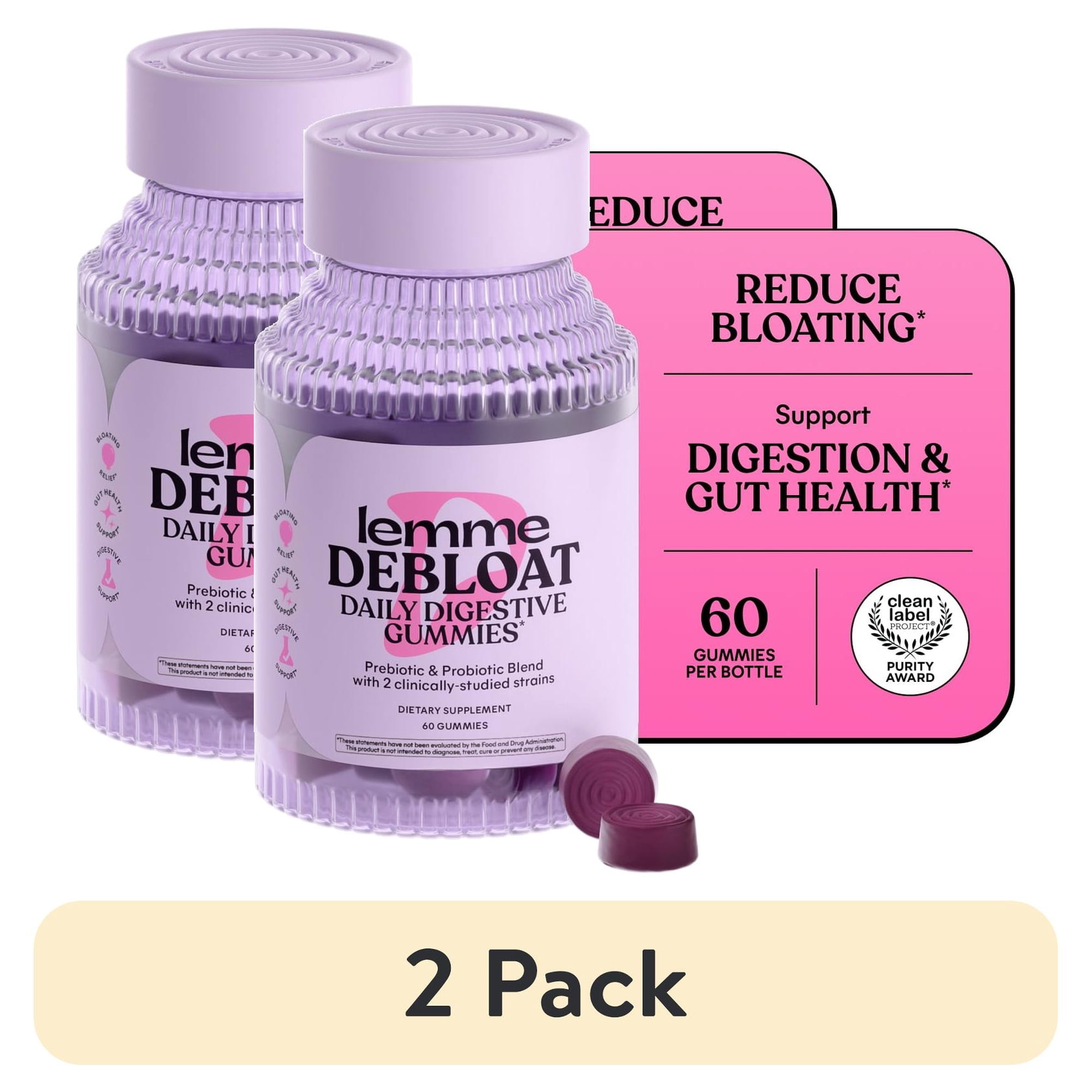 (2 pack) Lemme Debloat - Digestive & Gut Health Gummies with 2 Clinically Studied Probiotics & Prebiotic, Vegetarian, Gluten Free, Non GMO, BlackBerry Flavor, 60 Count