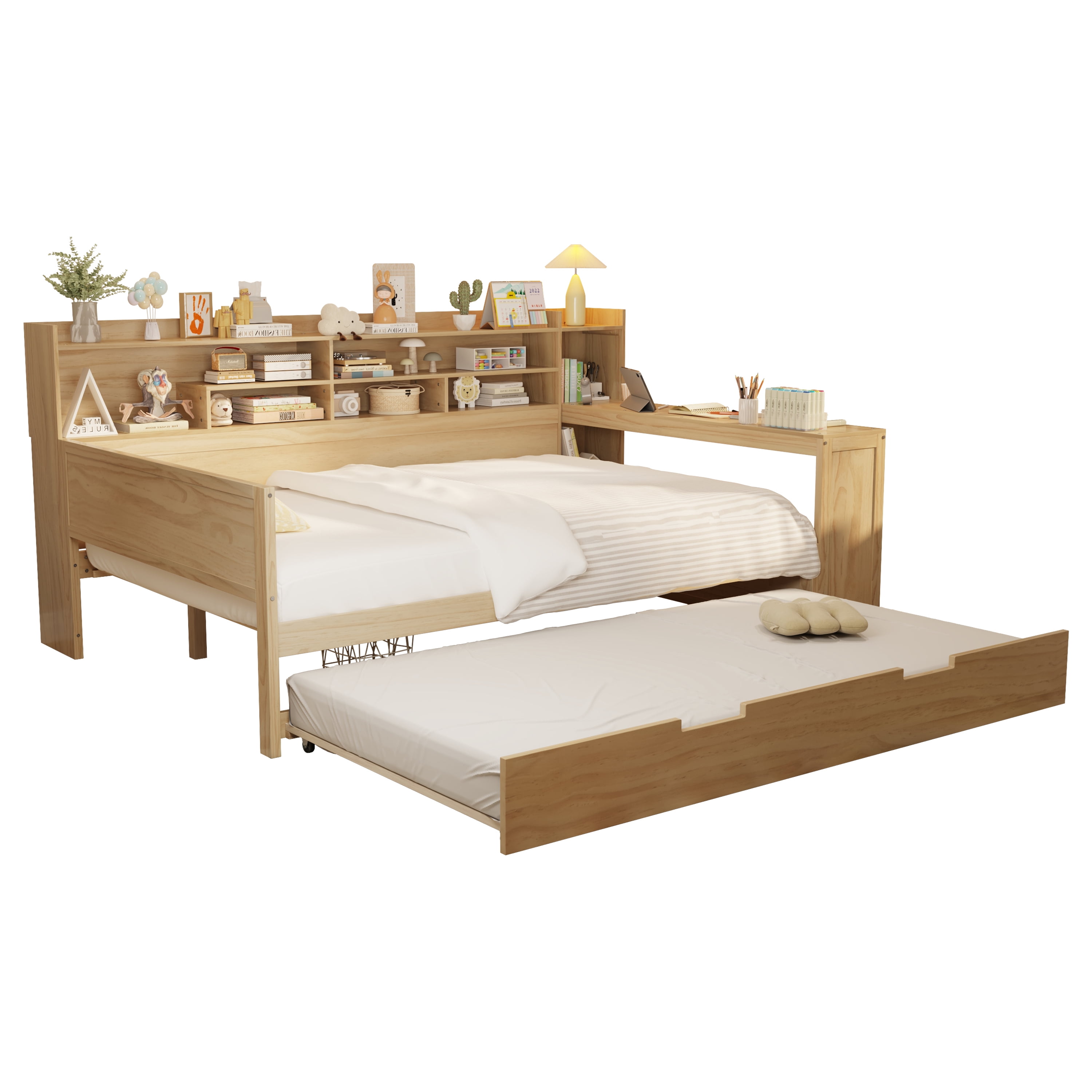 Euroco Wood Full Size Daybed with Trundle, Storage Captain Bed with Desk and Shelves, Natural