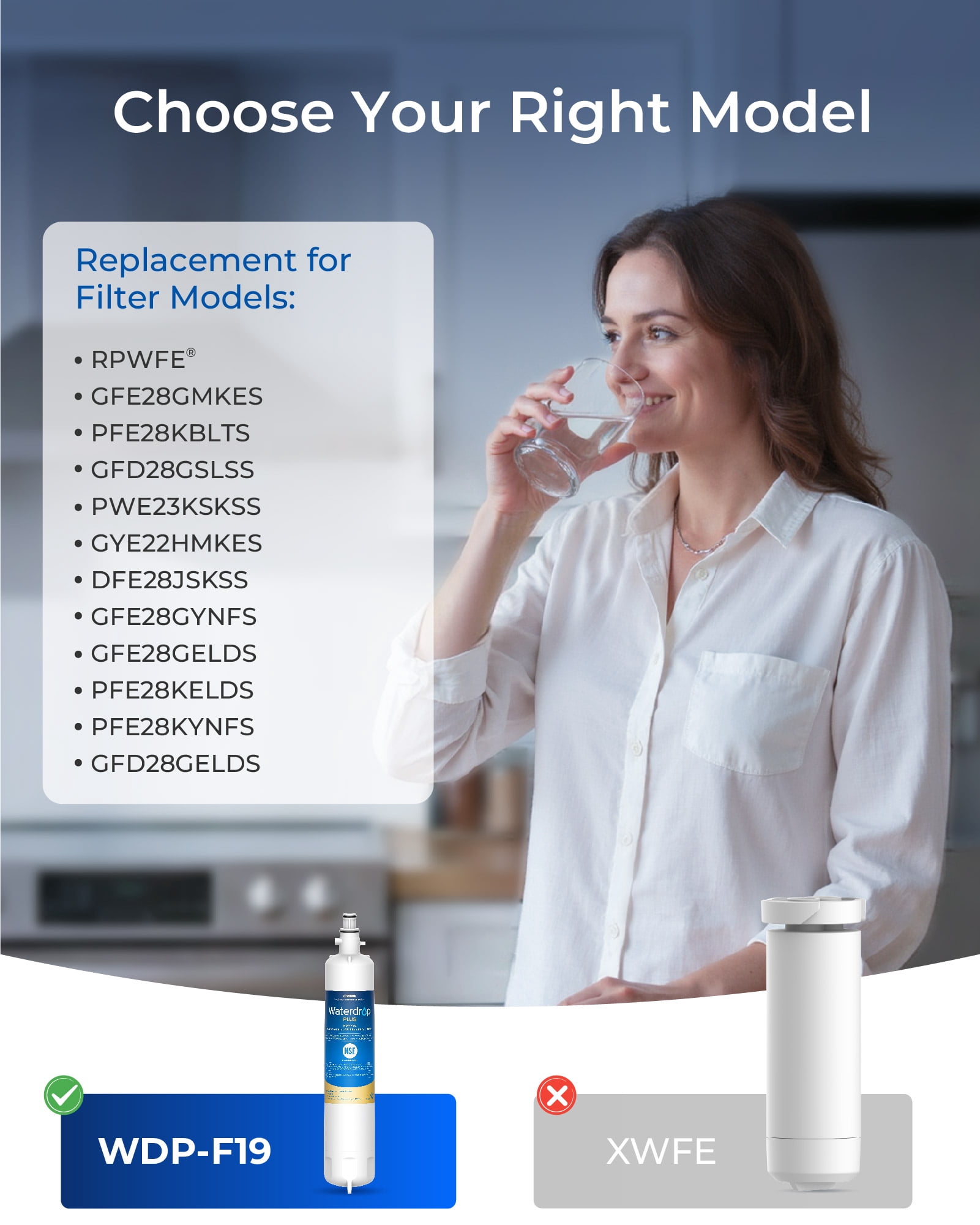 Waterdrop Plus WDP-F19C Replacement for GE® RPWFE®, RPWF (with CHIP) NSF 401 Refrigerator Water Filter, Compatible with WSG-4, GFE28GBLTS, GFE28GSKSS, PFE28KMKES, 2 Filters（Package May Vary）