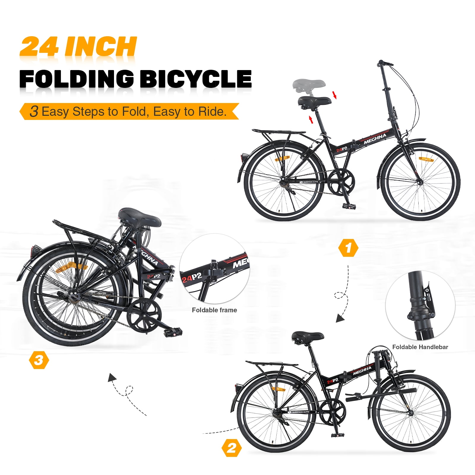 Ambifirner 24 Inch Folding Bike for Adults, Steel Frame Single Speed Commuter, Quick-Release Fold, Dual V-Brakes, Adjustable Leather Saddle, Full Fenders, Black