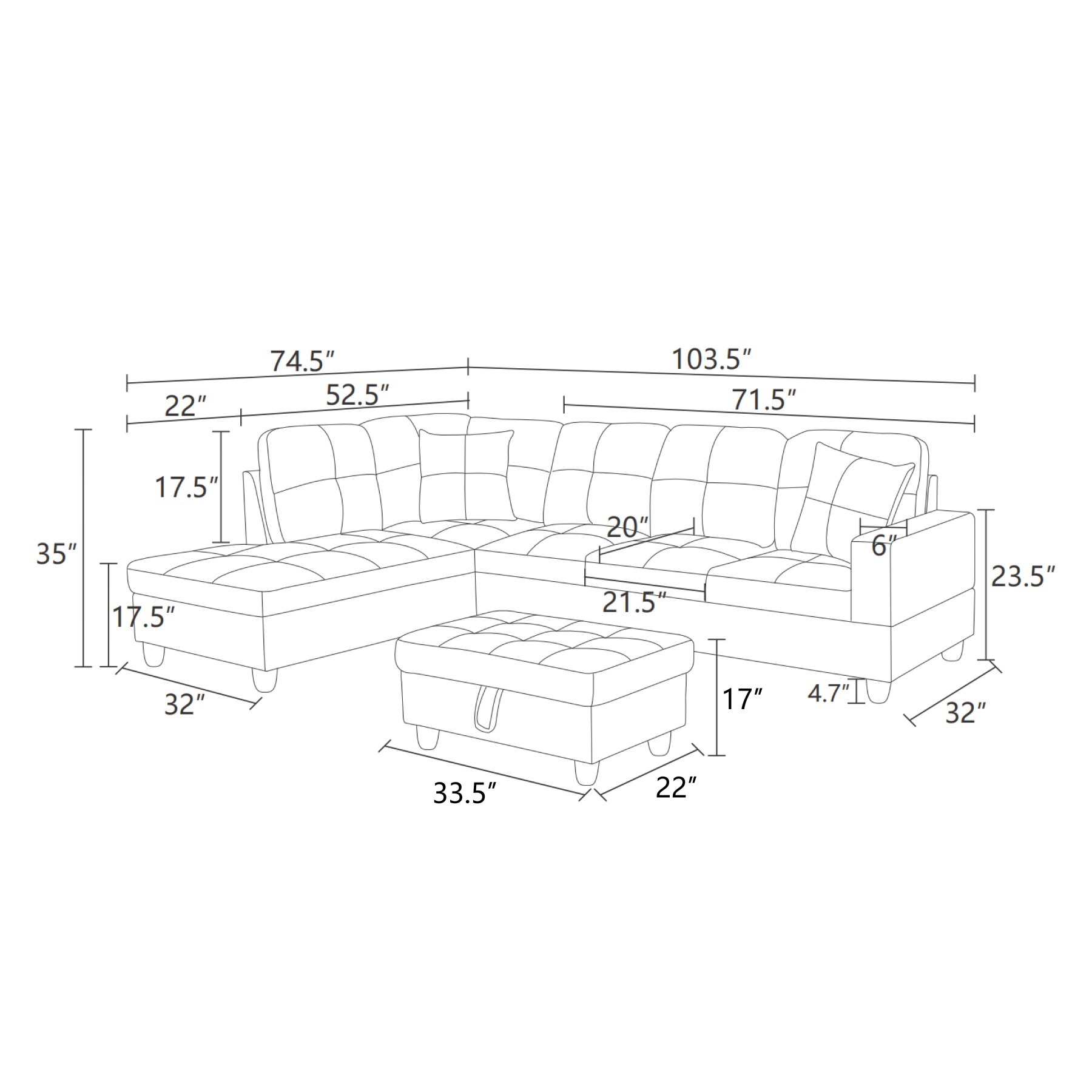 Hommoo Flannel & PVC L-Shaped Sectional Couch and Sofa Set, Modern Living Room Furniture Set, Left Side, Dark Brown