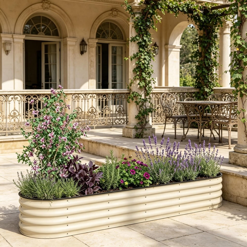 Cream Painted Galvanized Steel Raised Garden Bed, Open Bottom Planter, Modular Design with Rubber-Sealed Edges, Easy Assembly for Outdoor Gardening