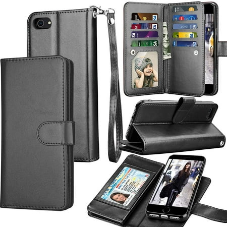 Tekcoo Wallet Case For iPhone SE 2020 / iPhone 7 8 4.7" Luxury ID Cash Credit Card Slots Holder Carrying Pouch Folio Flip PU Leather Cover [Detachable Magnetic Hard Case] Lanyard - Black