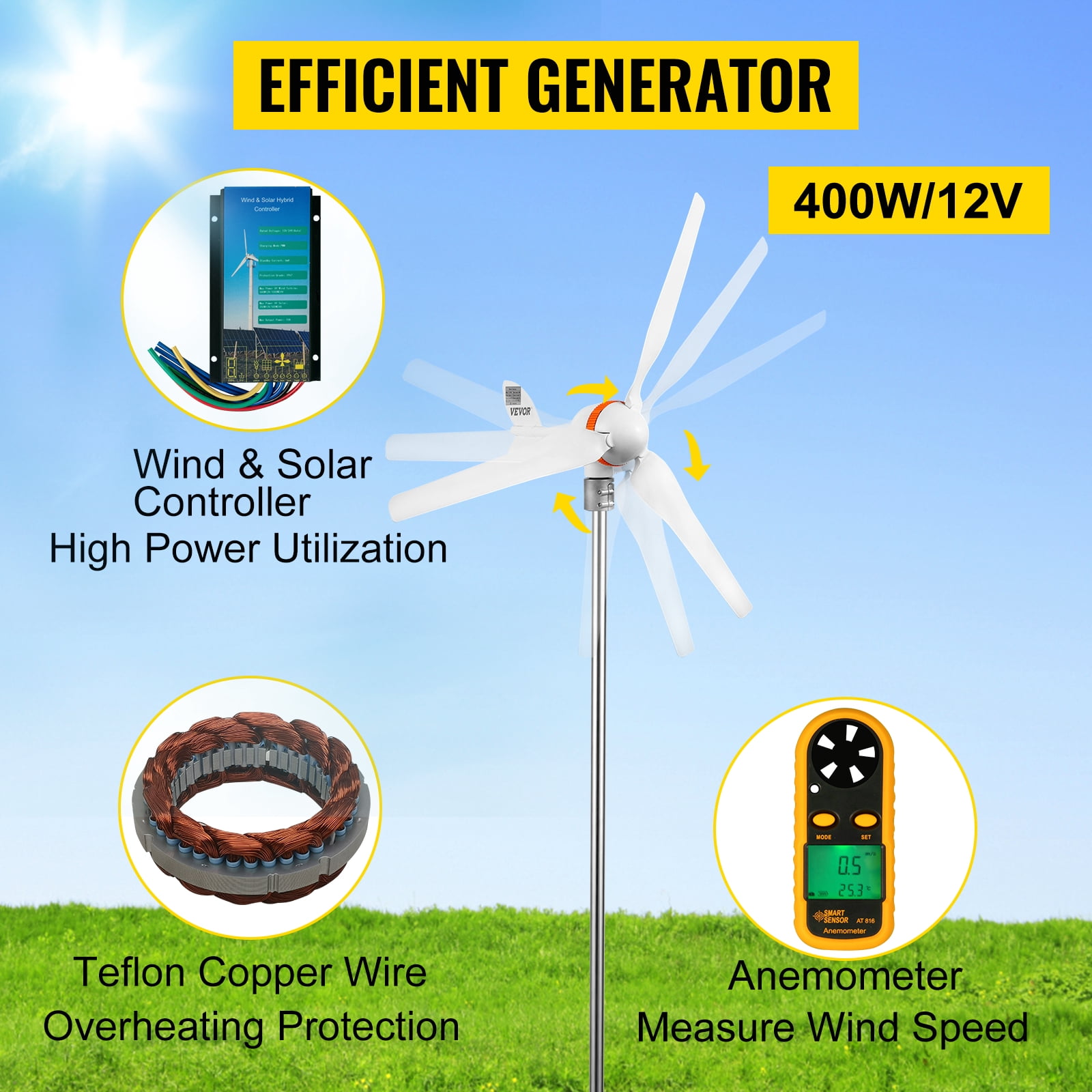 SKYSHALO Wind Turbine Generator, 12V/AC Wind Turbine Kit, 400W Wind Power Generator w/Wind & Solar Controller 3 Blades Auto Adjust Windward Direction Suitable for Terrace, Marine, Motorhome