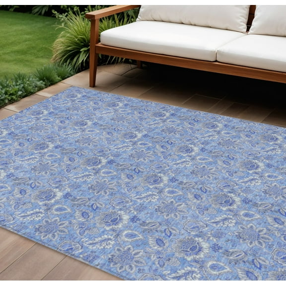 10' X 14' Navy Blue And Denim Blue Floral Washable Indoor Outdoor Area Rug