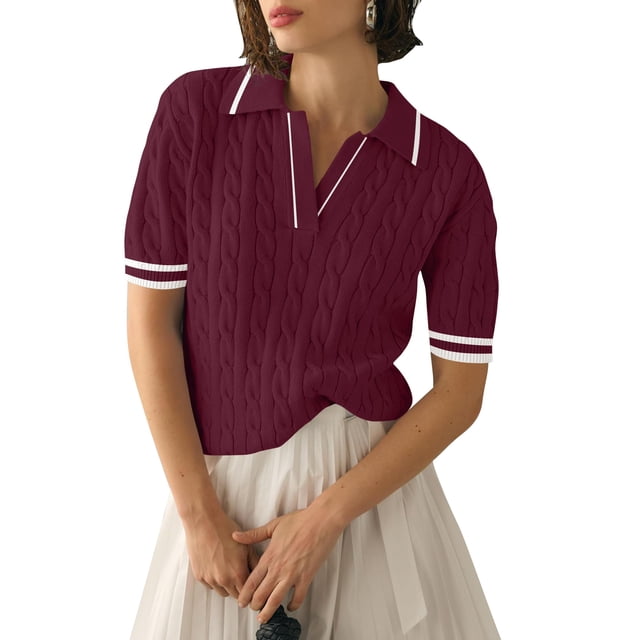Vestido tipo suéter Micoson para mujer, manga corta, cuello en V, rojo vino, XL