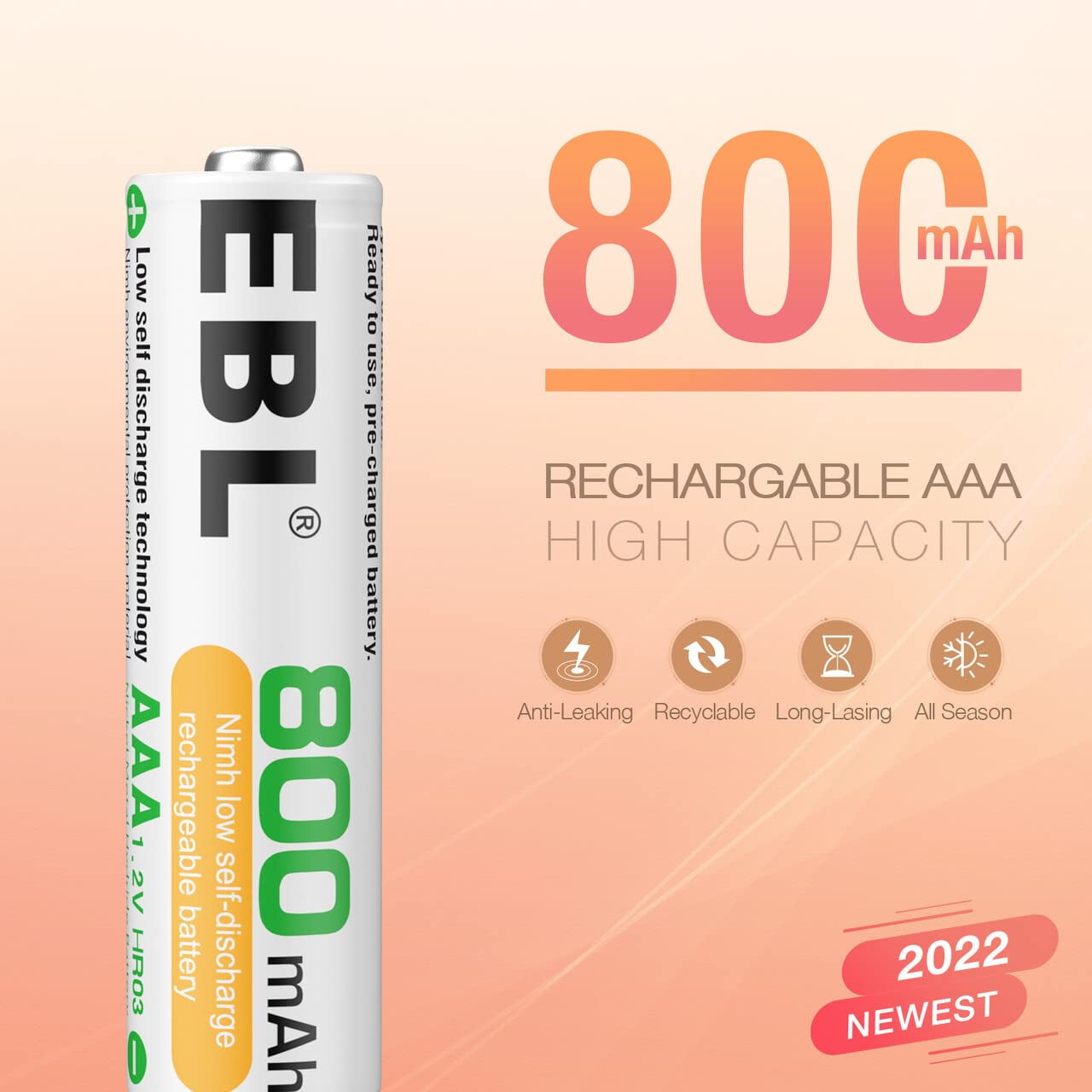 EBL 12 Pack AAA Batteries NiMH Rechargeable Battery 800mAh with Smart 8-Slot Battery Charger for AA AAA Battery