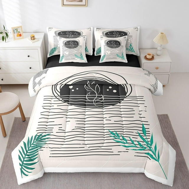 YST , Oeuvre Abstraite, Ensemble de Douillette, Moderne, 7 Pcs, Beige, Lignes Géométriques, Grand Lit